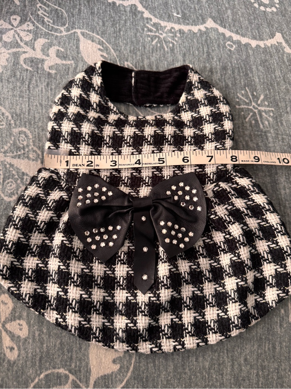 Black & White Tweed Houndstooth dog dress with Bow Accent and Curdoroy lining - Picture 6 of 9